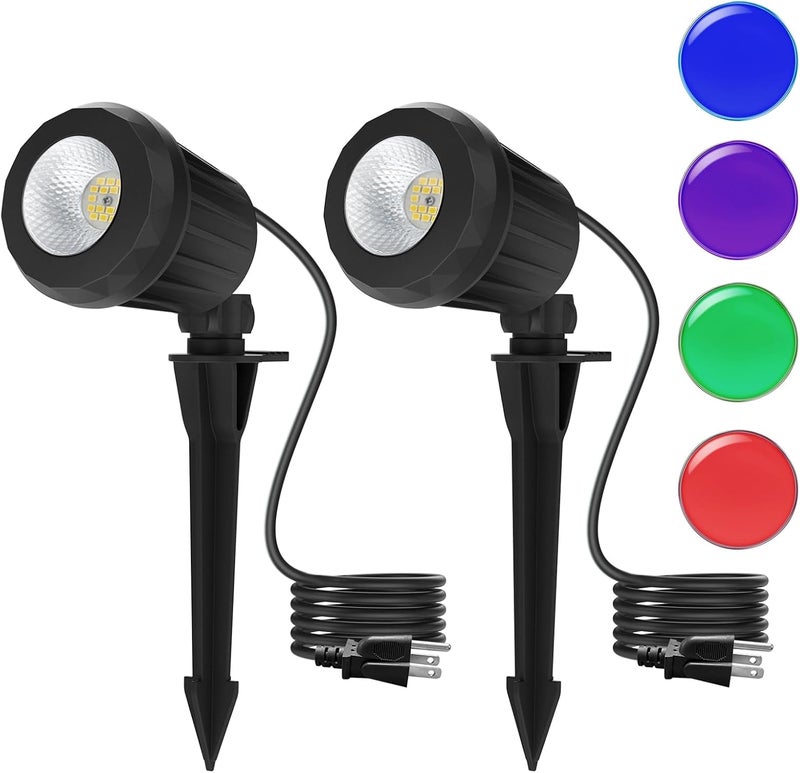 Holeva Spotlight Outdoor – 120V Plug-In, 6500K Cool White LED Landscape Lighting with RGB Purple 4 Color Lenses for Yard, Garden, Lawn & Tree Decor on Holidays&Everyday, IP67 Waterproof (2 Pack,Black) - Image 1